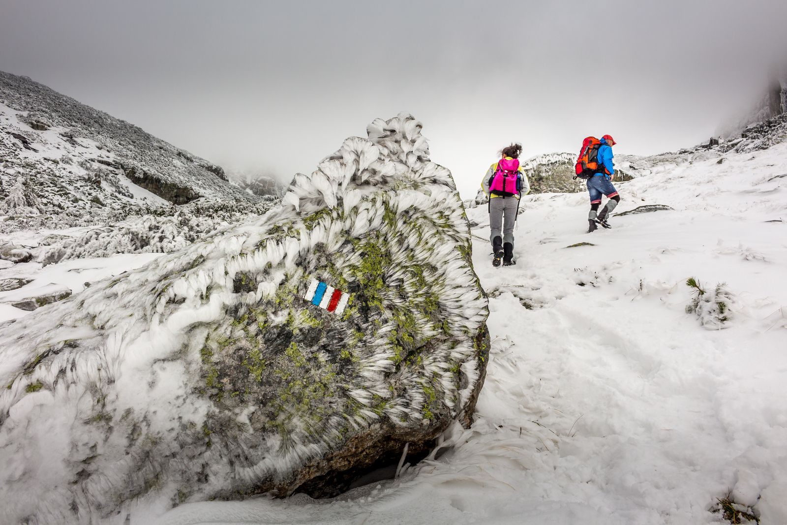 Two hikers walking up a snowy valley past a large rock